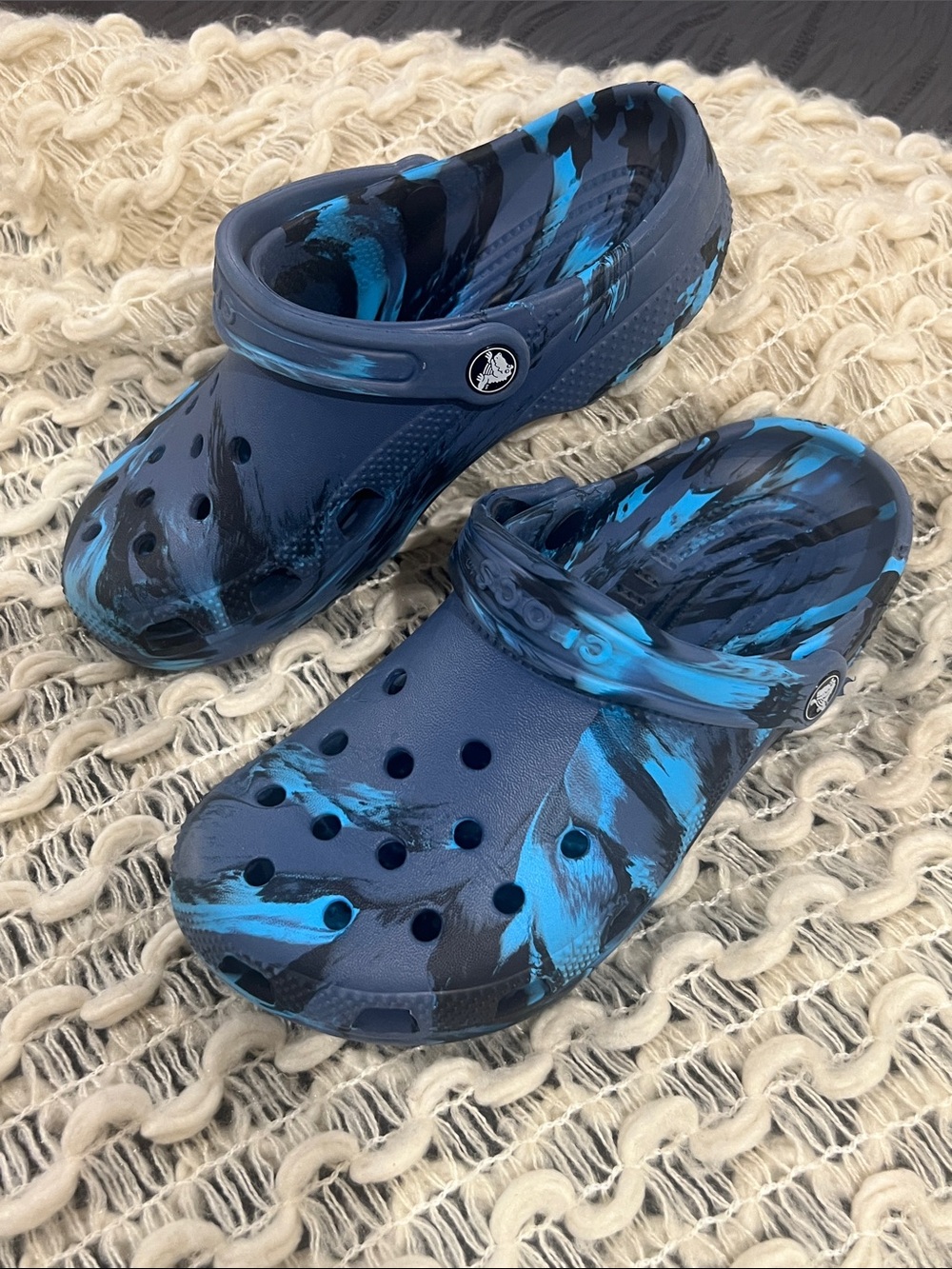 CROCS Navy Marbled Clog with Blue Camo Swirl Pattern